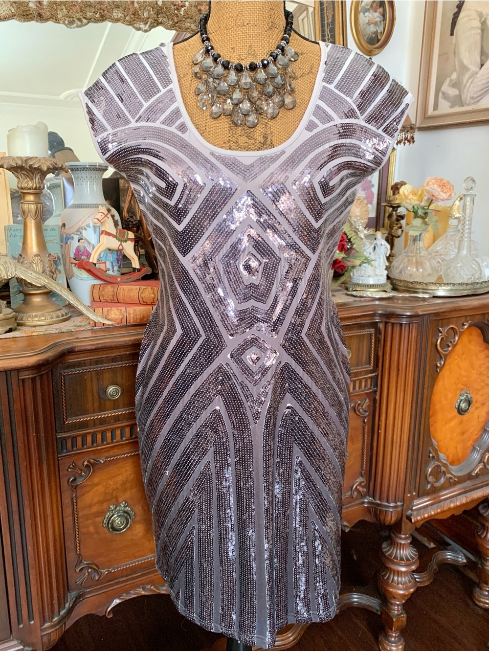 Vintage Lavender Silver Gatsby Sequin Cocktail Glam New Year's Party Prom Dress